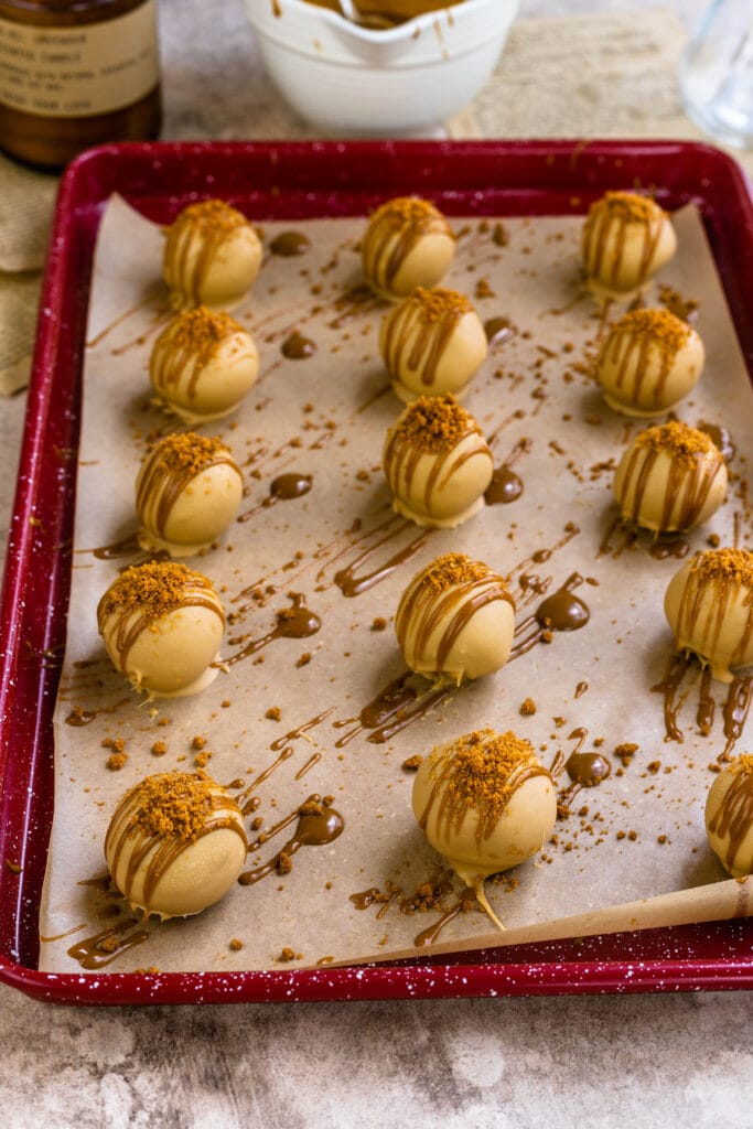 biscoff truffles with a biscoff drizzle on top.