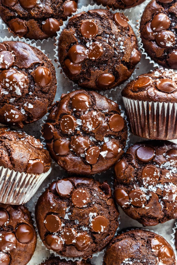 double chocolate muffins with chocolate chips and sea salt.