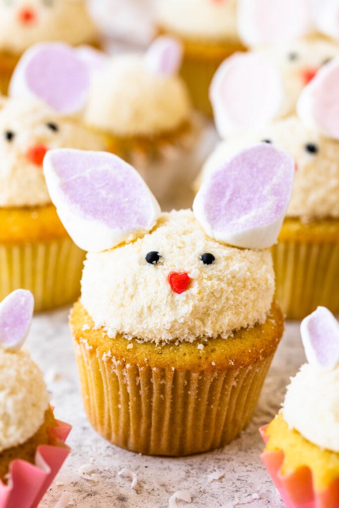 cupcakes shaped like bunnies, with marshmallow ears.