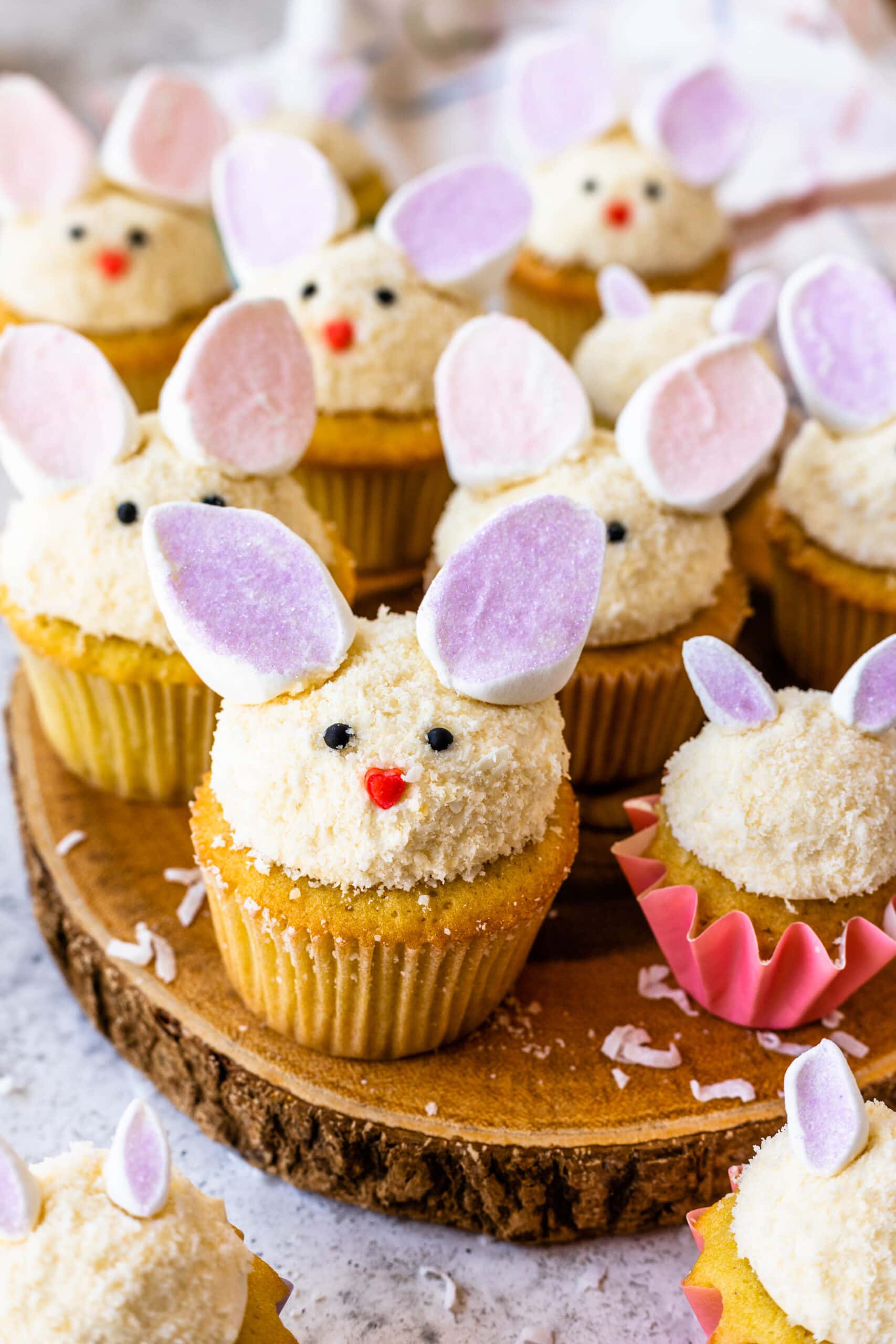 cupcakes shaped like bunnies, with marshmallow ears.