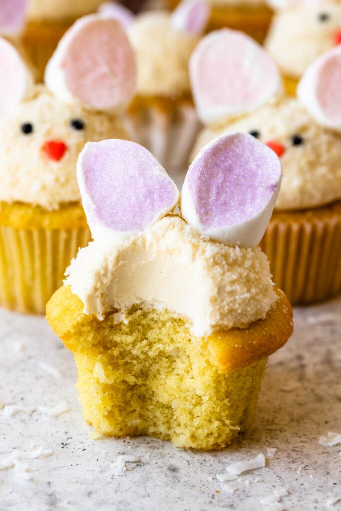 cupcakes shaped like bunnies, with marshmallow ears.