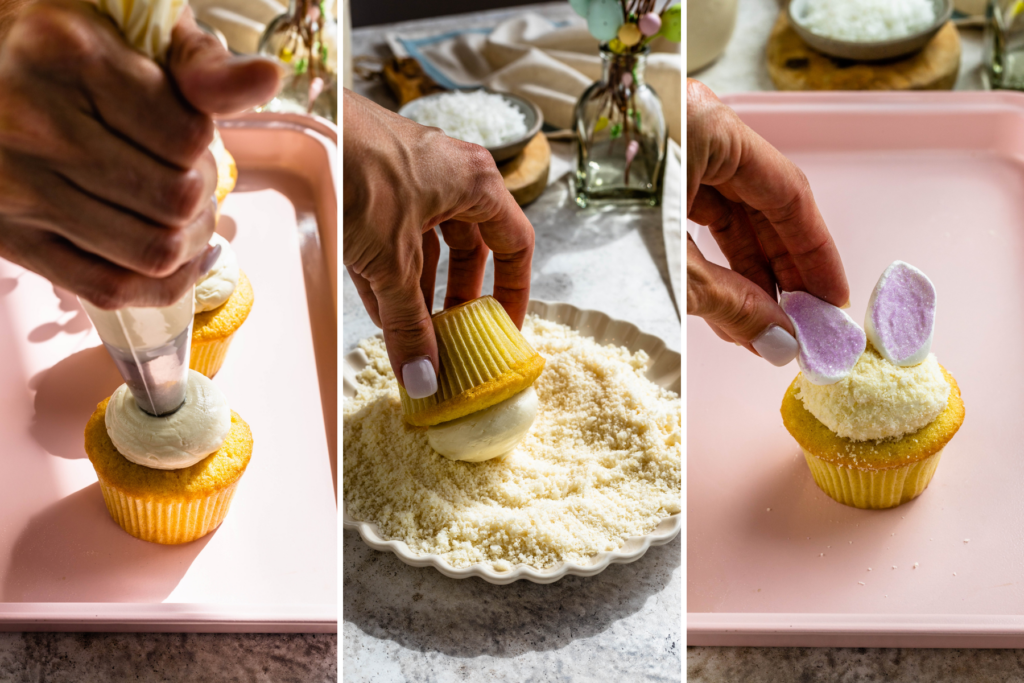 frosting cupcakes, dipping the top in shredded coconut, and topping them with bunny ears.