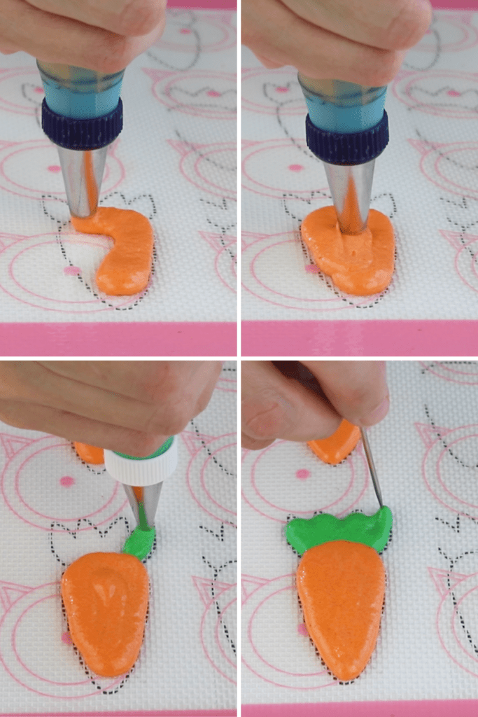 four pictures showing how to pipe carrot shaped macarons.