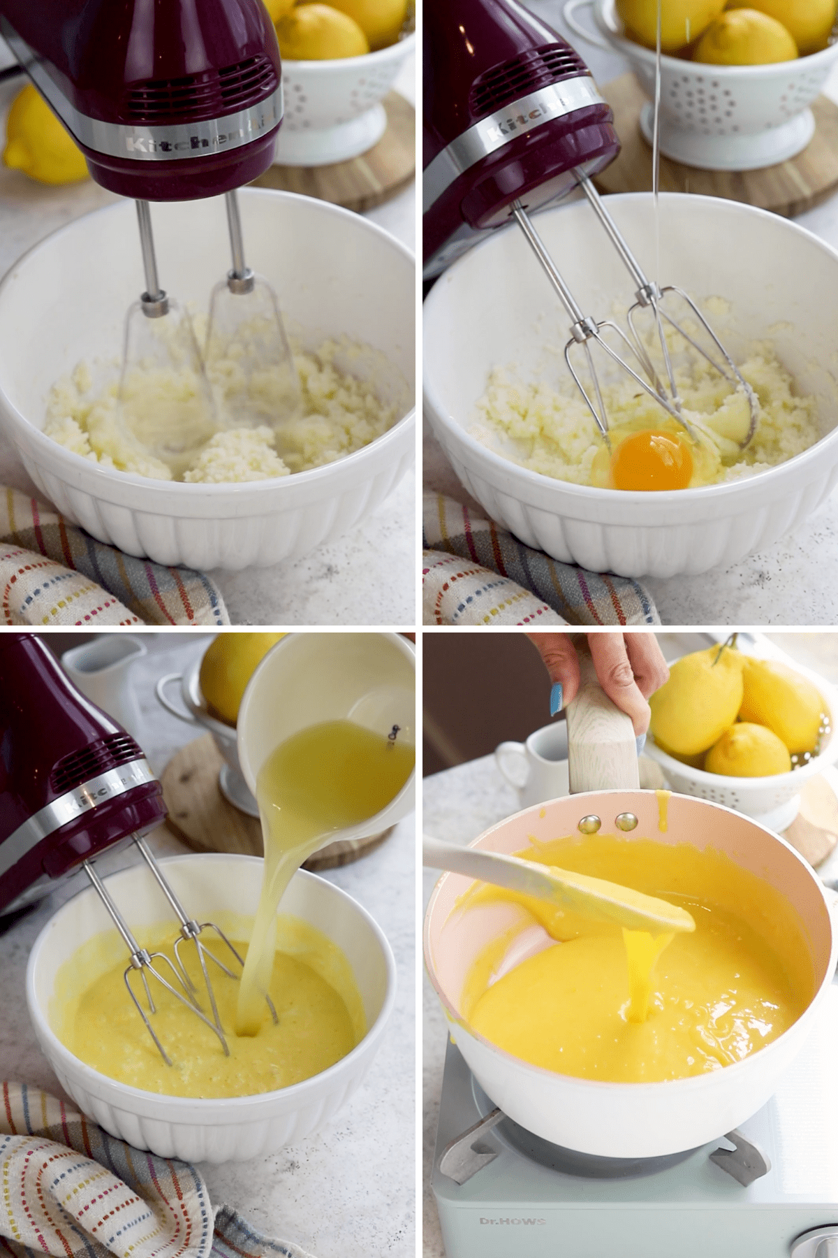 4 pictures showing how to make lemon curd, in the first picture beating the butter with sugar, in the second adding the eggs, and third picture adding the lemon juice. forth picture pouring the curd in a pan, and cooking it.