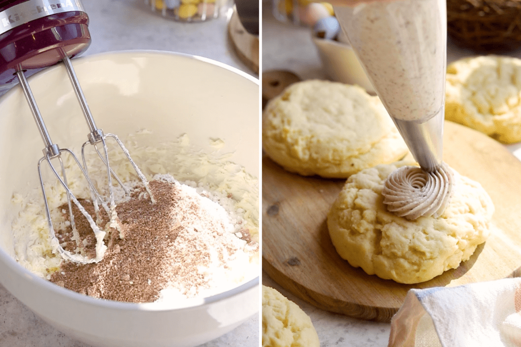 bowl with cream cheese, powdered sugar and cadbury egg powder, and the second picture is showing a piping bag piping cadbury egg frosting on top of a sugar cookie.