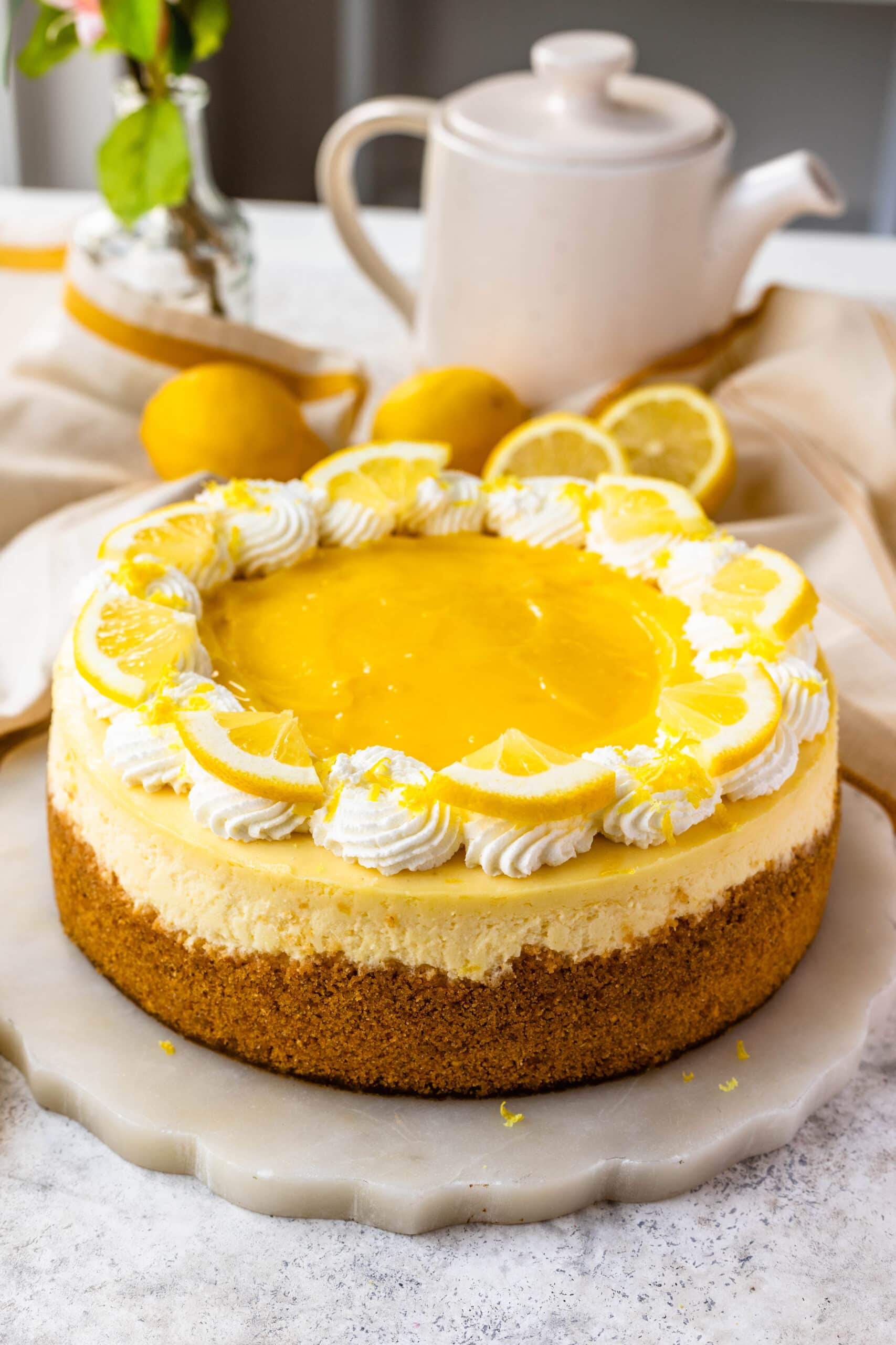 lemon cheesecake on a board.