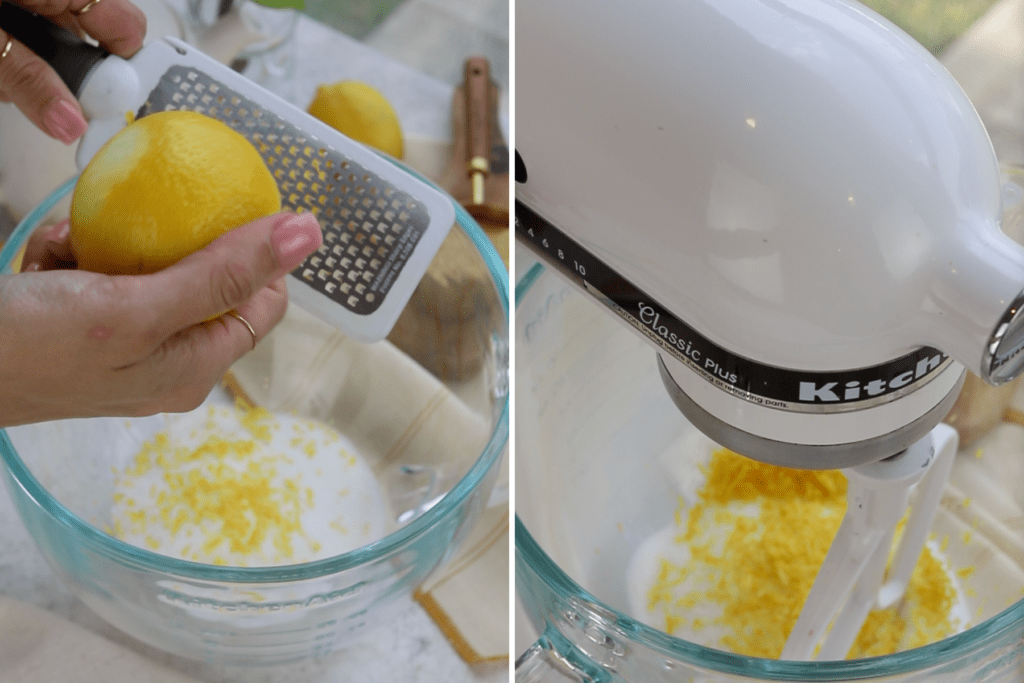 making lemon sugar by mixing lemon zest with sugar.