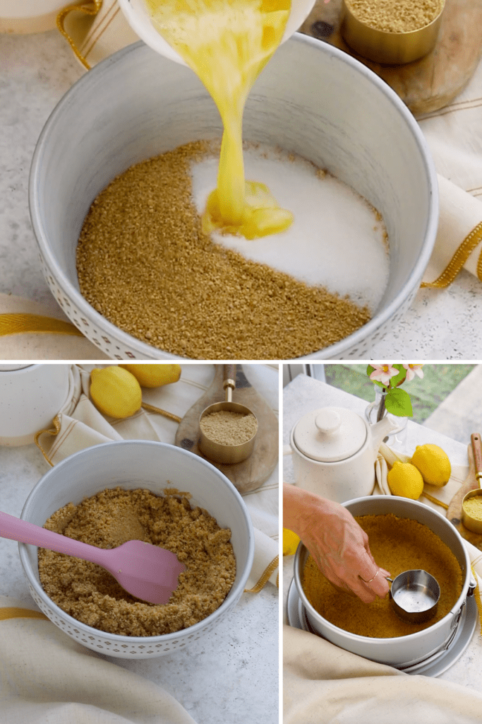 making graham cracker crust by mixing graham crackers, sugar, and melted butter.