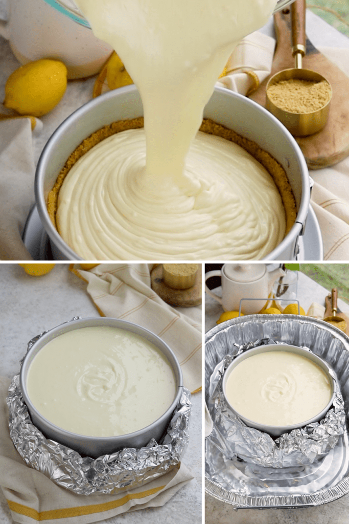 pouring cheesecake batter in a spring form pan.