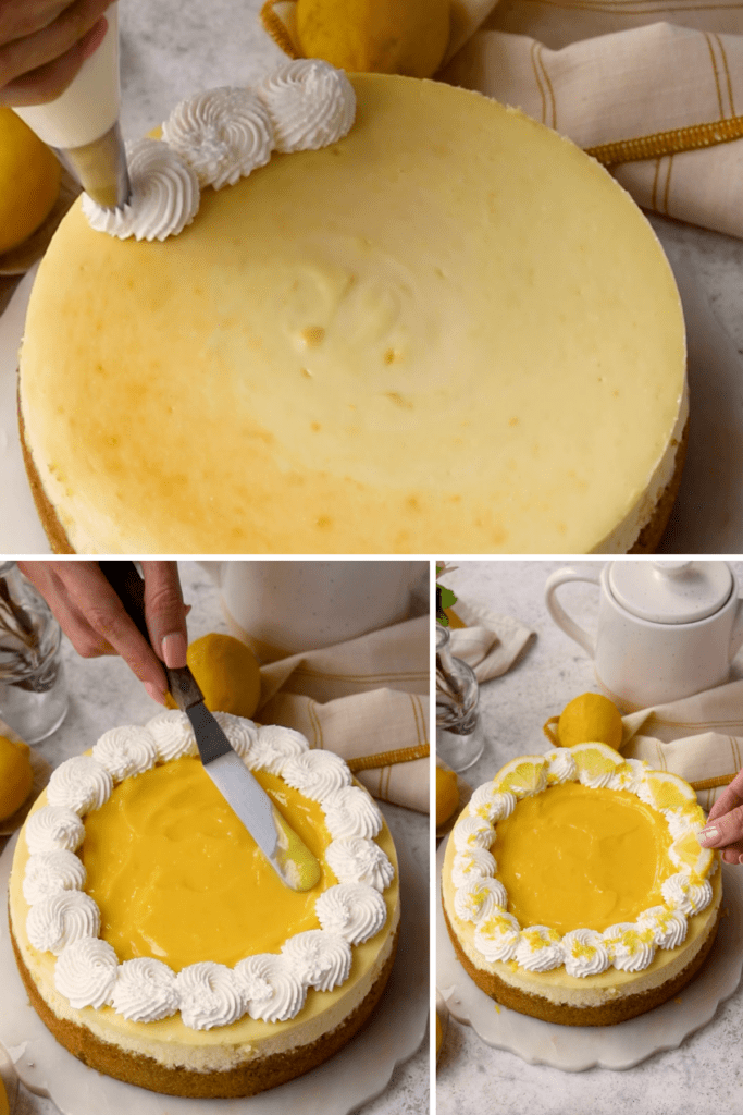 decorating a cheesecake with whipped cream, lemon curd, and lemon slices.