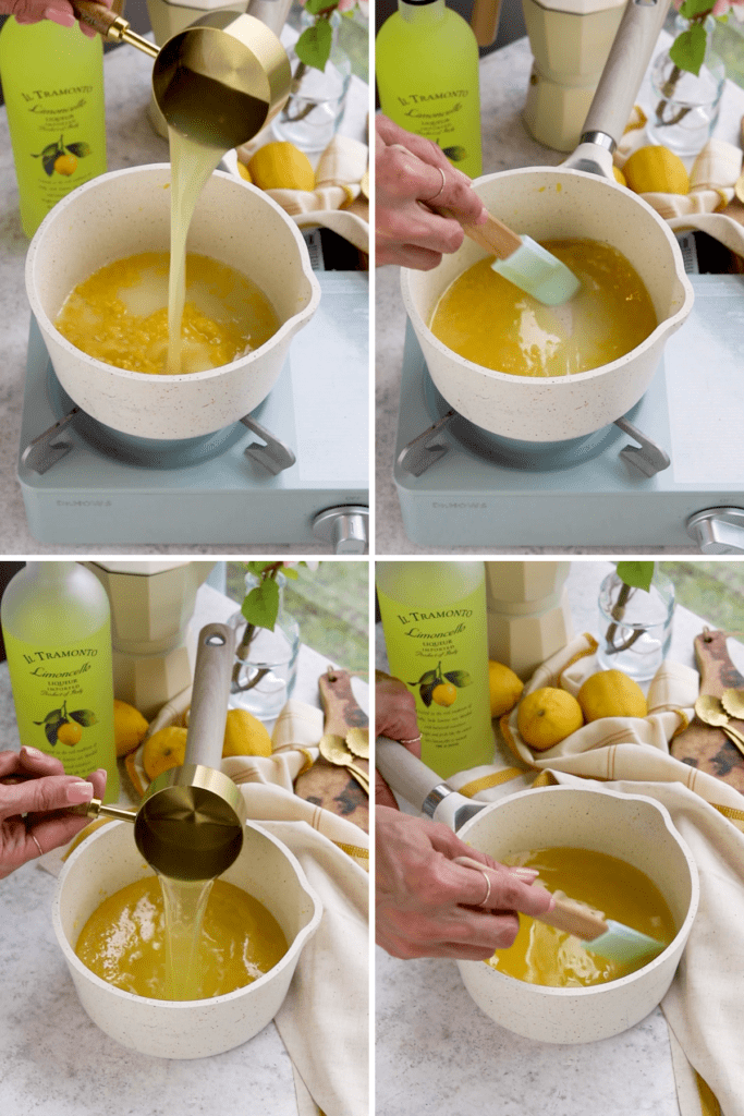 pictures making limoncello syrup, mixing sugar, lemon juice and zest in a pan, and then adding the limoncello liqueur.
