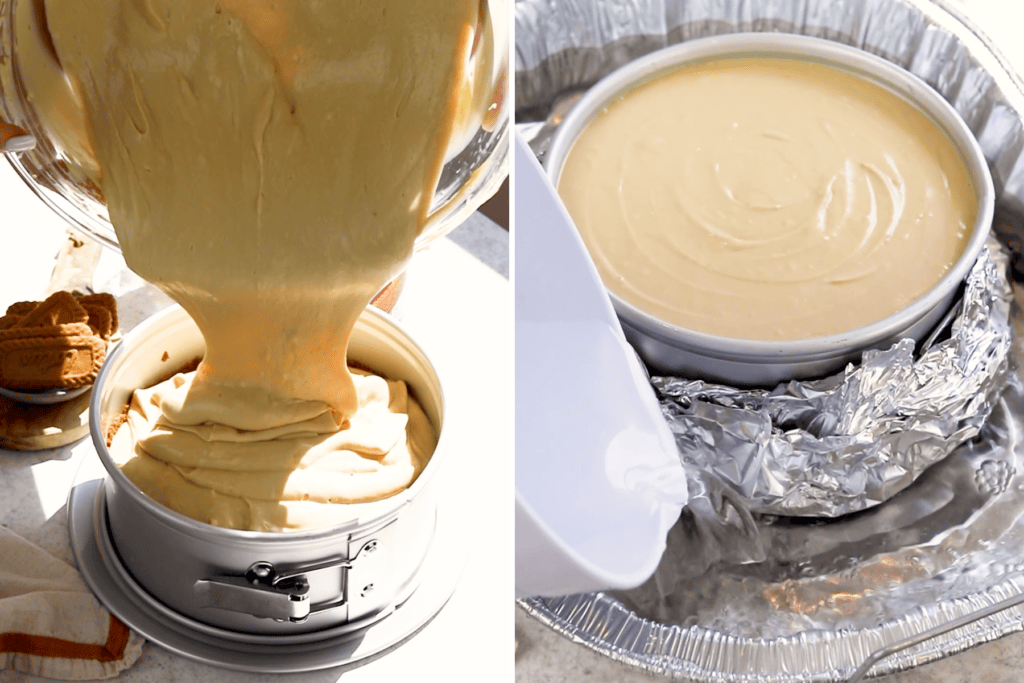 pouring cheesecake batter in a springform pan.