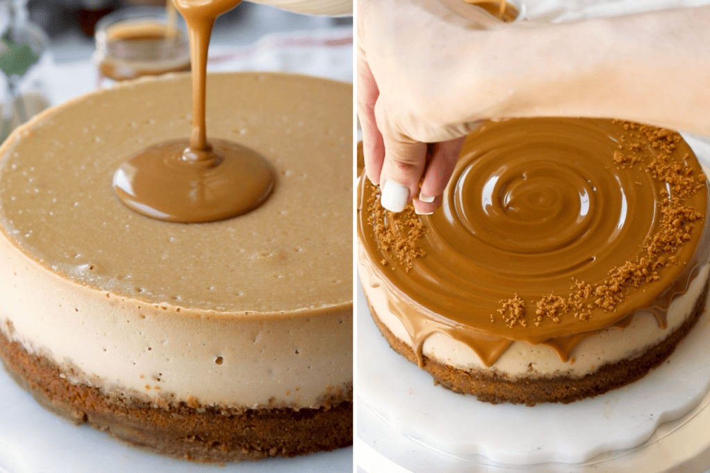 pouring melted biscoff butter over cheesecake.