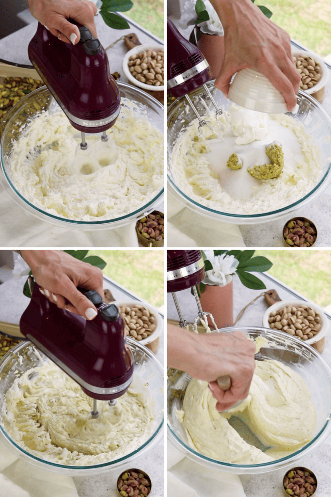 making pistachio cheesecake batter.