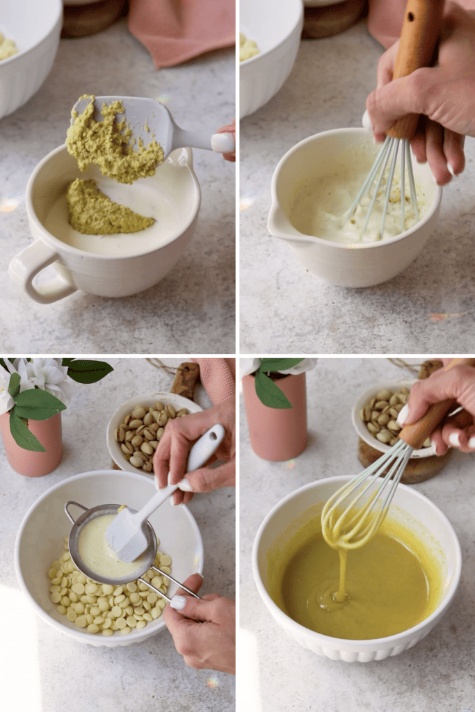 making pistachio ganache by mixing the pistachio paste with the heavy cream, and then pouring over white chocolate and whisking until the chocolate is melted.