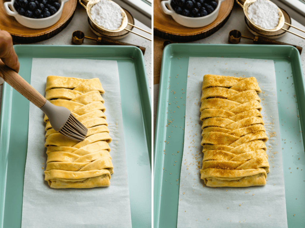 brushing the pastry with egg wash and then showing the pastry topped with coarse sugar.