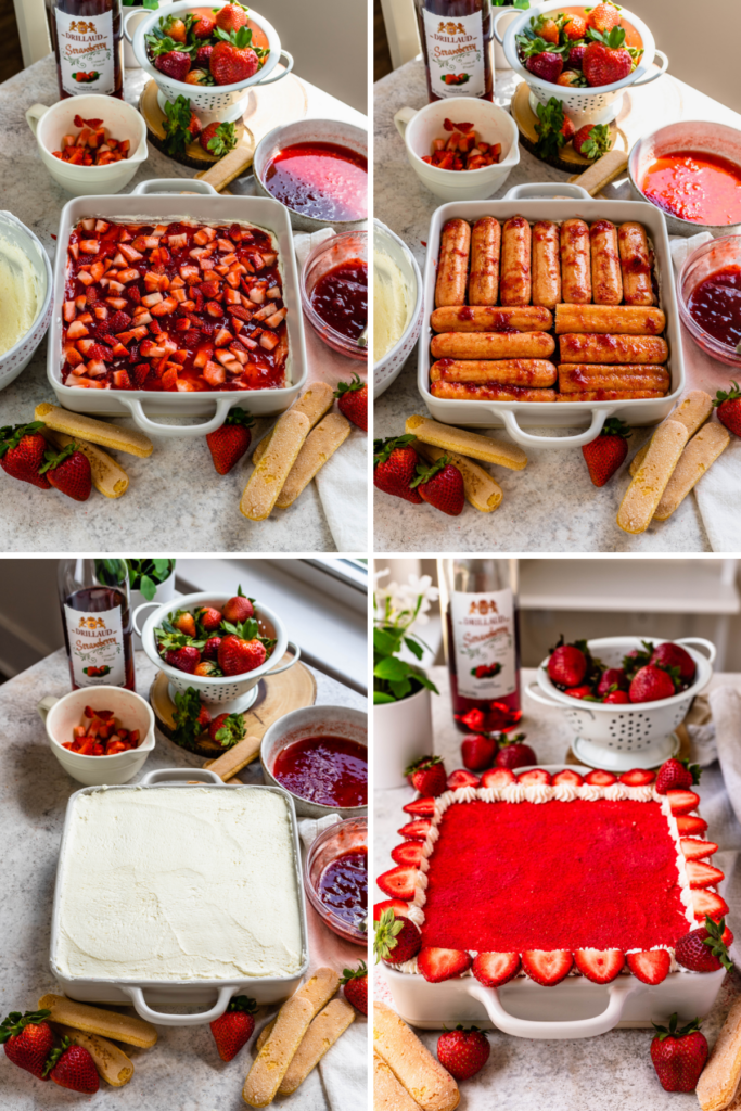 assembling tiramisu with layers of ladyfingers, mascarpone cheese, jam, and strawberries.