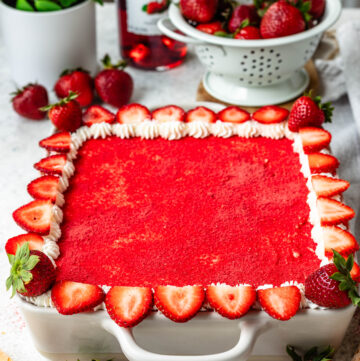 Strawberry Tiramisu topped with freeze dried strawberries and fresh strawberries.
