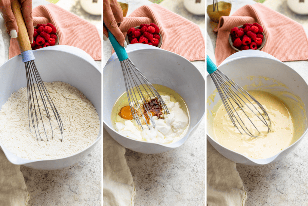 mixing the ingredients together to make muffin batter.