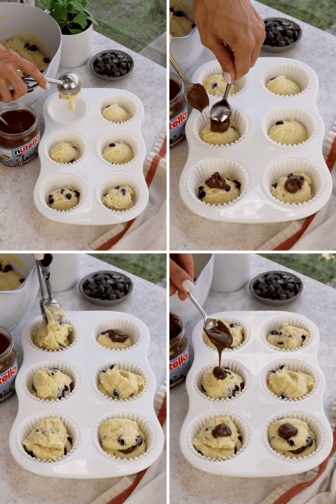 scooping muffin batter into the muffin cups.