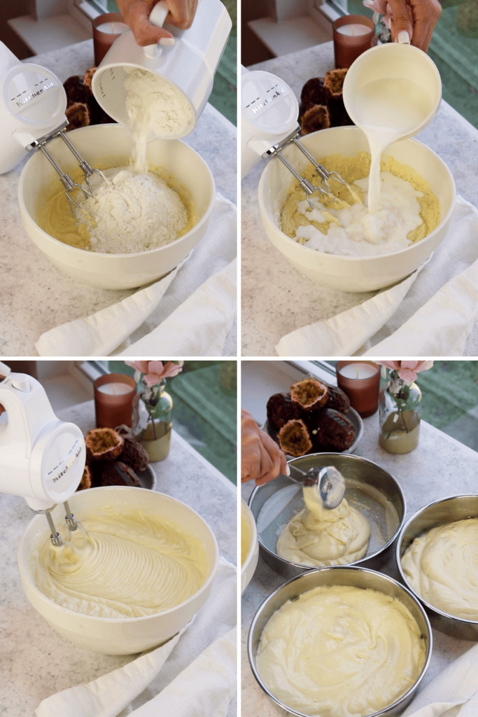 adding the flour to the cake batter to make passionfruit cake.