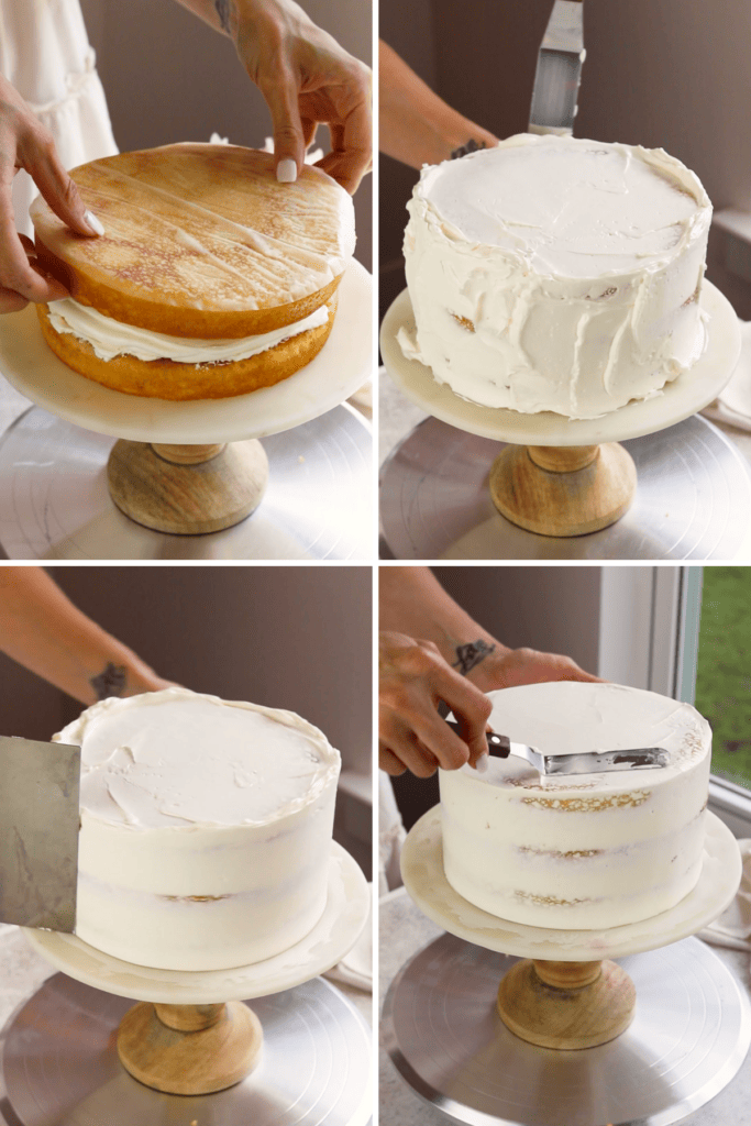 assembling passionfruit cake.