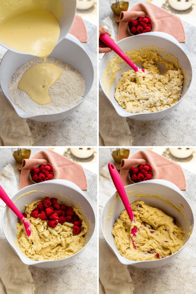 mixing muffin batter, pouring wet ingredients into the dry ingredients, then adding raspberries and white chocolate to make white chocolate raspberry muffin batter.