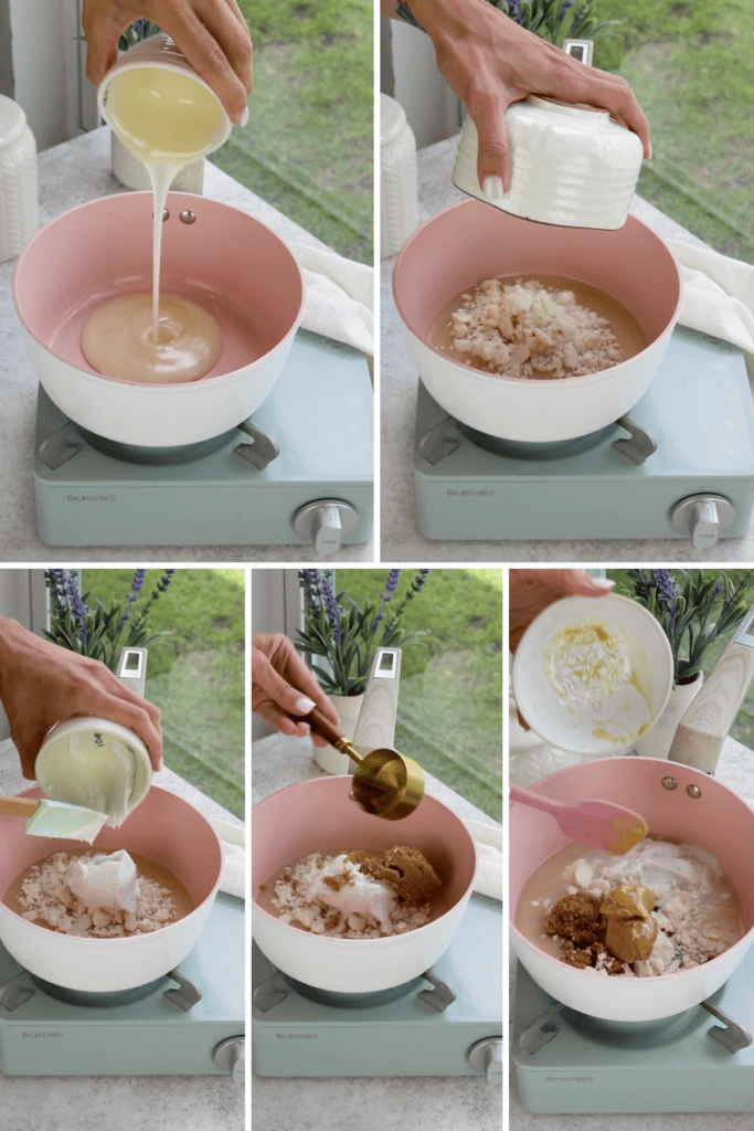 adding ingredients to a pan to make dulce de leche.