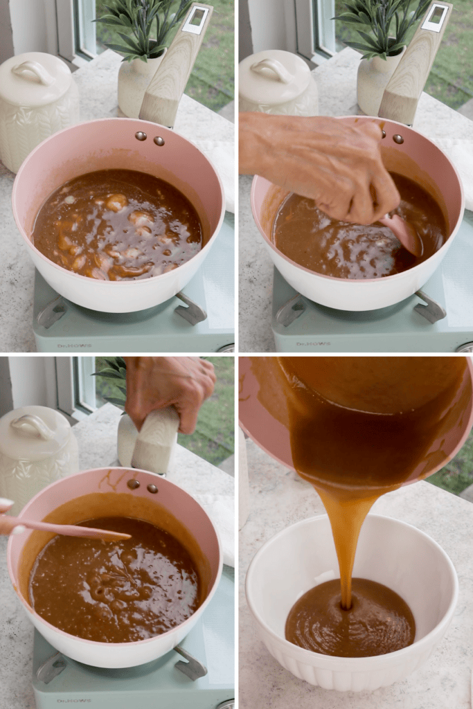 cooking vegan dulce de leche in a small saucepan.