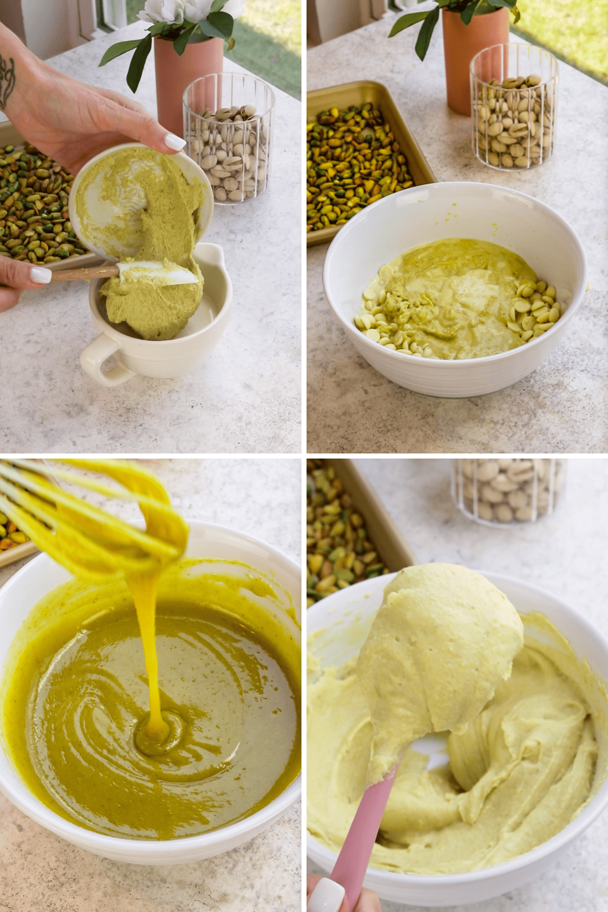 making pistachio ganache by mixing pistachio paste and heavy cream into white chocolate and mixing to combine.