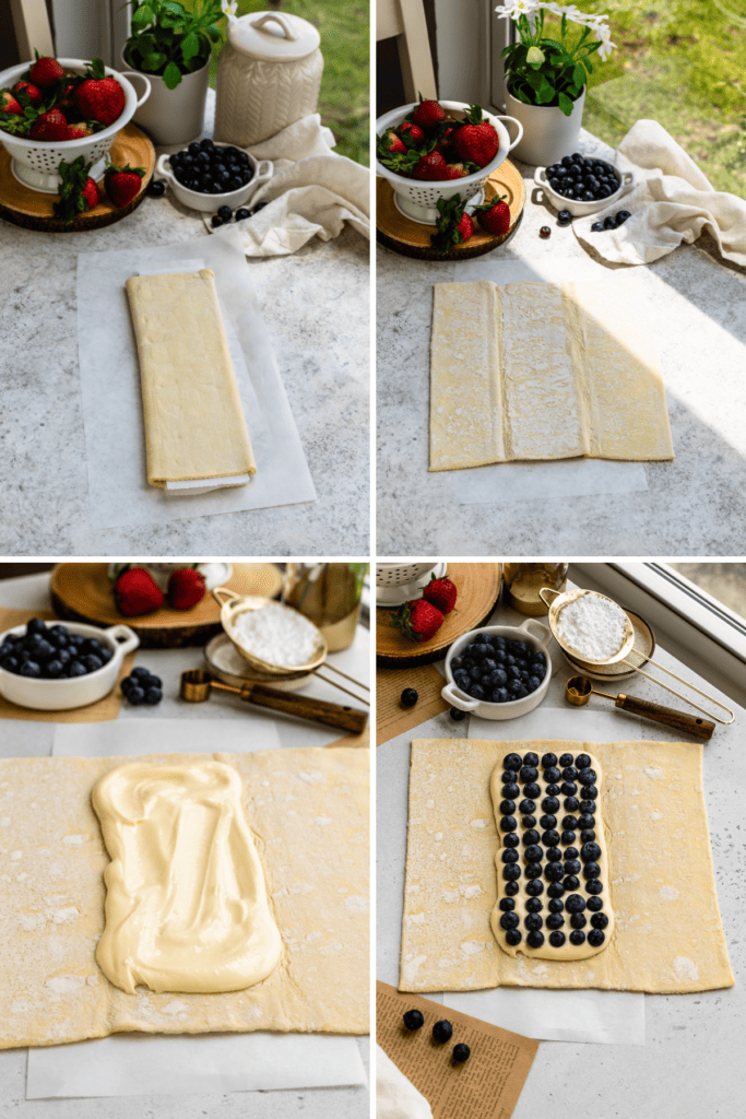 assembling blueberry puff pastry by unfolding the pastry dough, filling the center with cream cheese filling, and topping with blueberries.