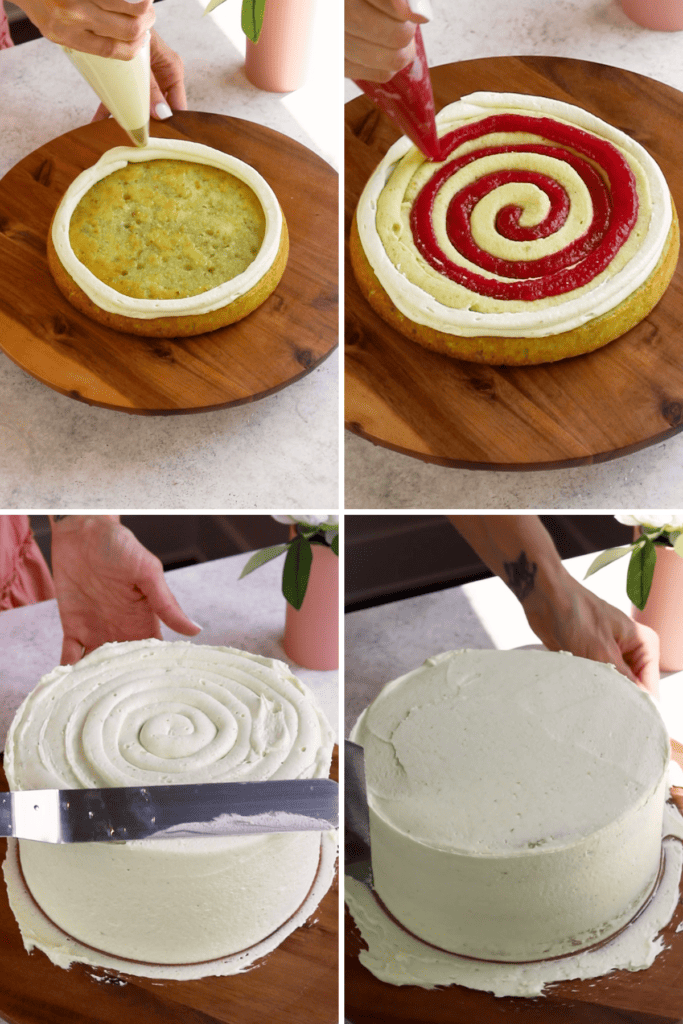 assembling and decorating a pistachio raspberry cake.