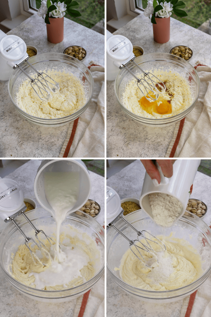making pistachio cake batter by mixing the butter, oil sugar, add the eggs and mix to combine.