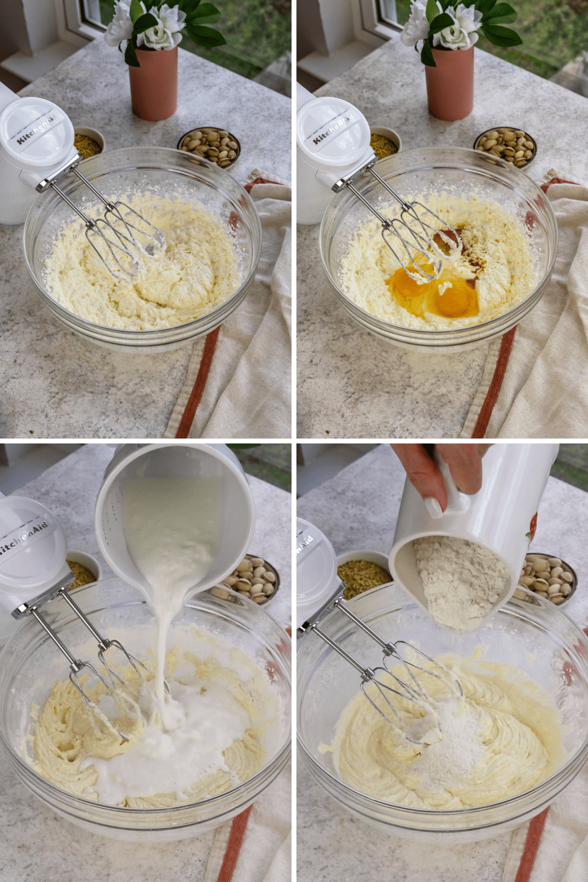 making pistachio cake batter by mixing the butter, oil sugar, add the eggs and mix to combine.