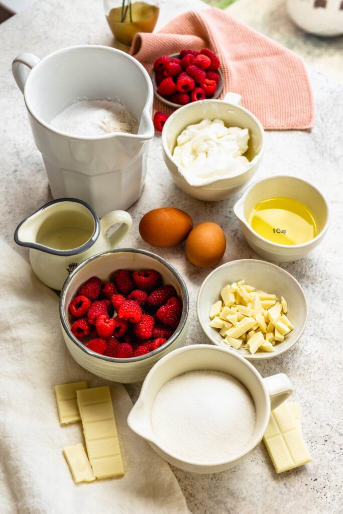 ingredients needed to make raspberry white chocolate muffins.