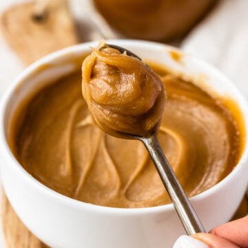 vegan dulce de leche on a spoon.