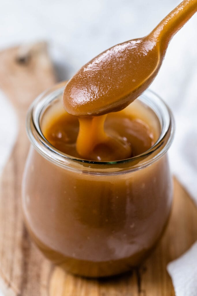 vegan dulce de leche on a spoon.