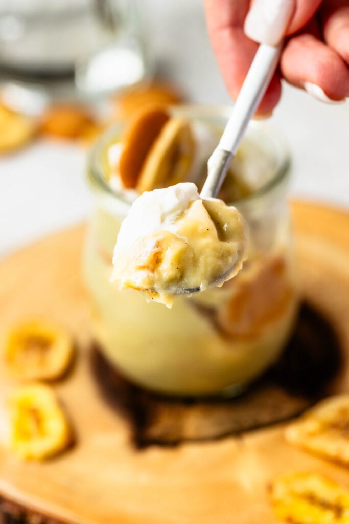 banana pudding in a spoon.