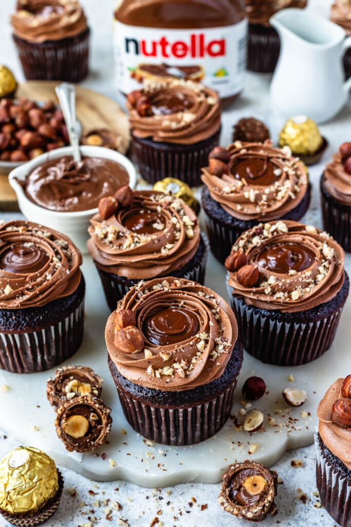 Nutella Cupcakes filled with nutella, topped with nutella buttercream.