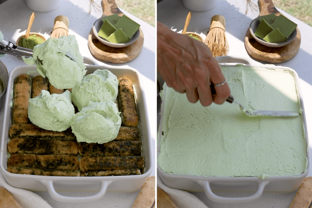 assembling tiramisu, spreading mascarpone mixture on top, and spreading with a spatula.