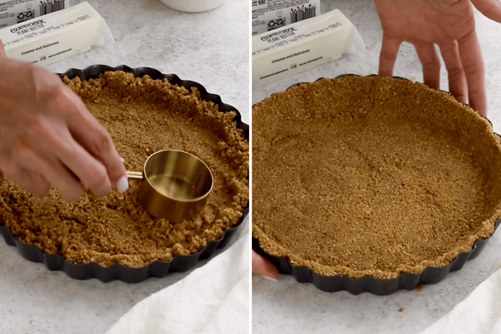 pressing graham crackers on the bottom of a pie crust.