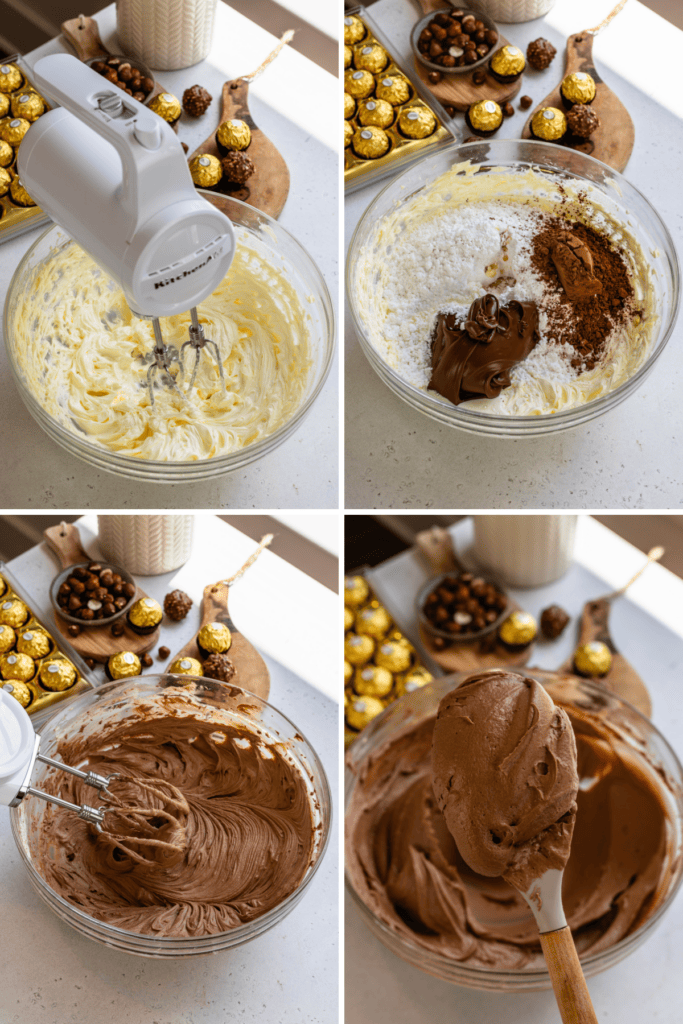 first picture beating the butter. second picture mixing the butter with powdered sugar, nutella, cocoa powder. third picture mixer beating the ingredients. forth picture showing the buttercream.