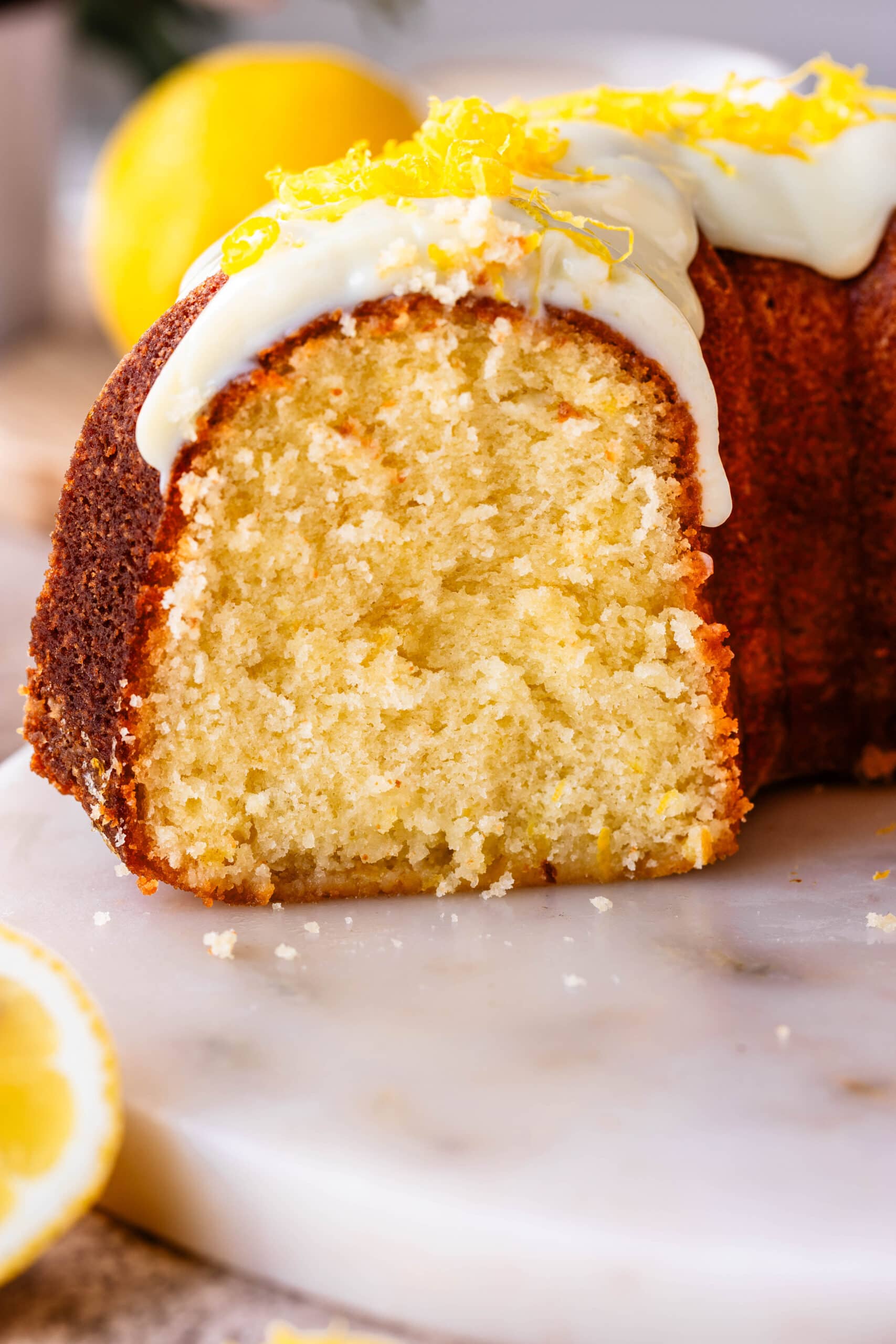 lemon bundt cake sliced.