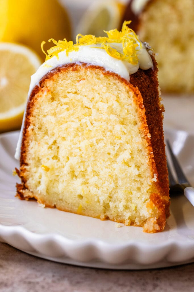 slice of lemon cake on top of a plate.