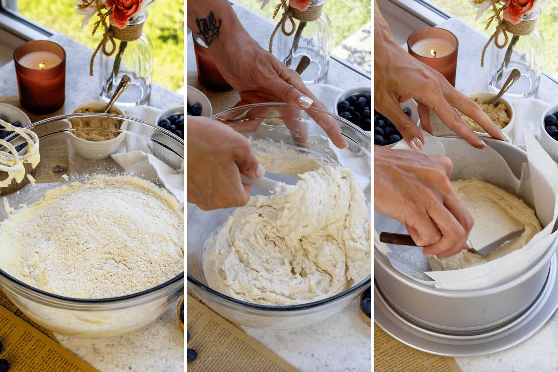 mixing the batter with a spatula.