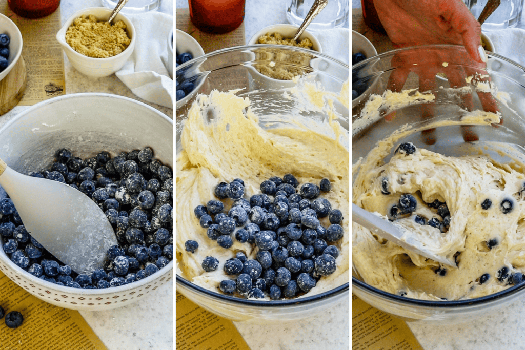 mixing blueberries into batter.