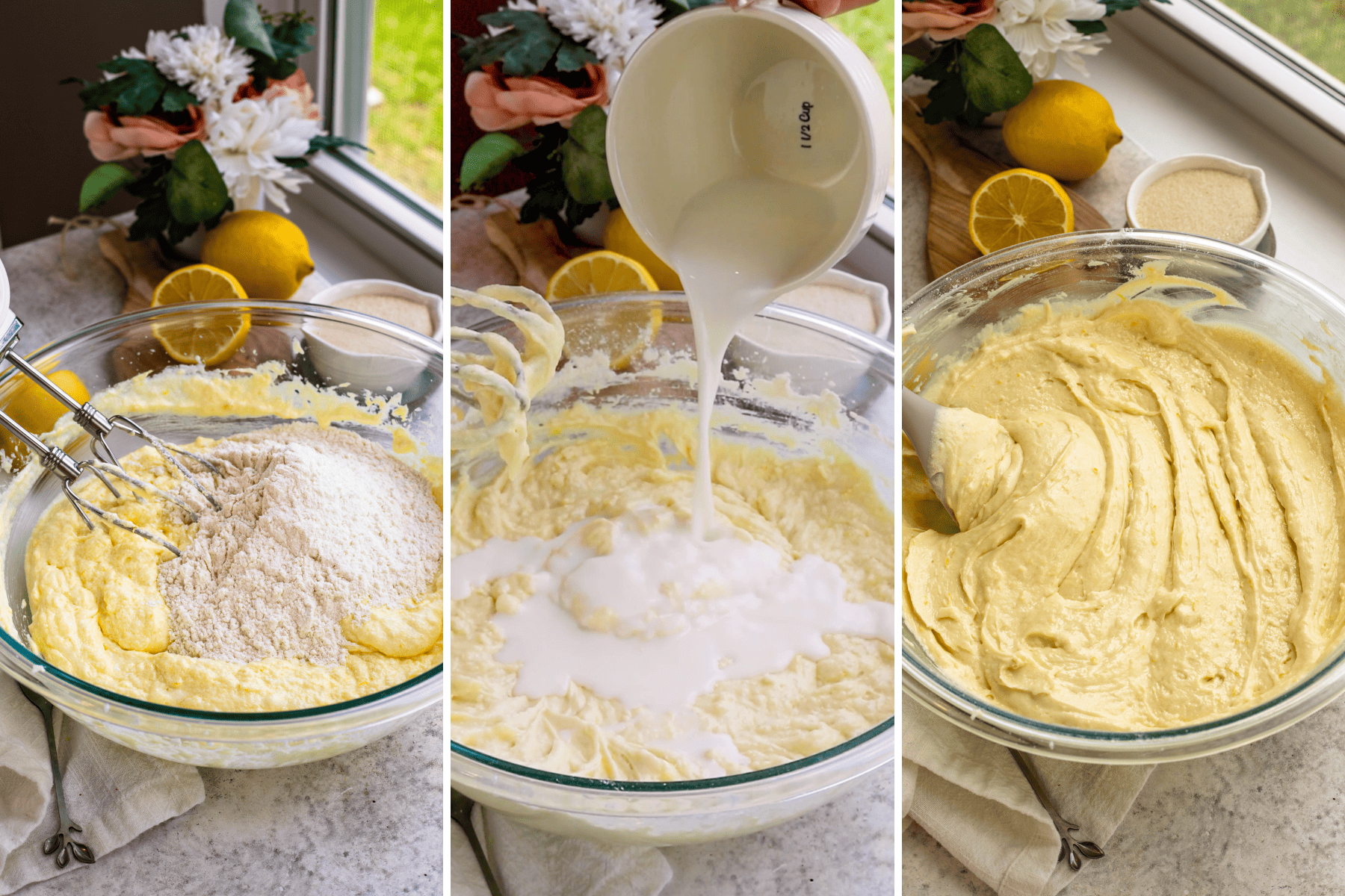 first picture: adding flour to a bowl with cake batter, second picture: adding milk to the same bowl, third picture: spatula running through smooth batter.
