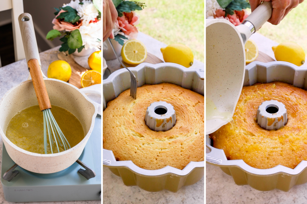 first picture: pan with a whisk and lemon syrup inside, second picture: poking holes on top of a cake, third picture: pouring syrup over the cake.