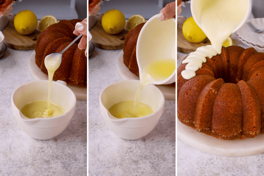 first picture spoon with sweetened condensed milk over a bowl, second picture adding lemon juice to the sweetened condensed milk bowl, third picture pouring the glaze on top of a bundt cake.