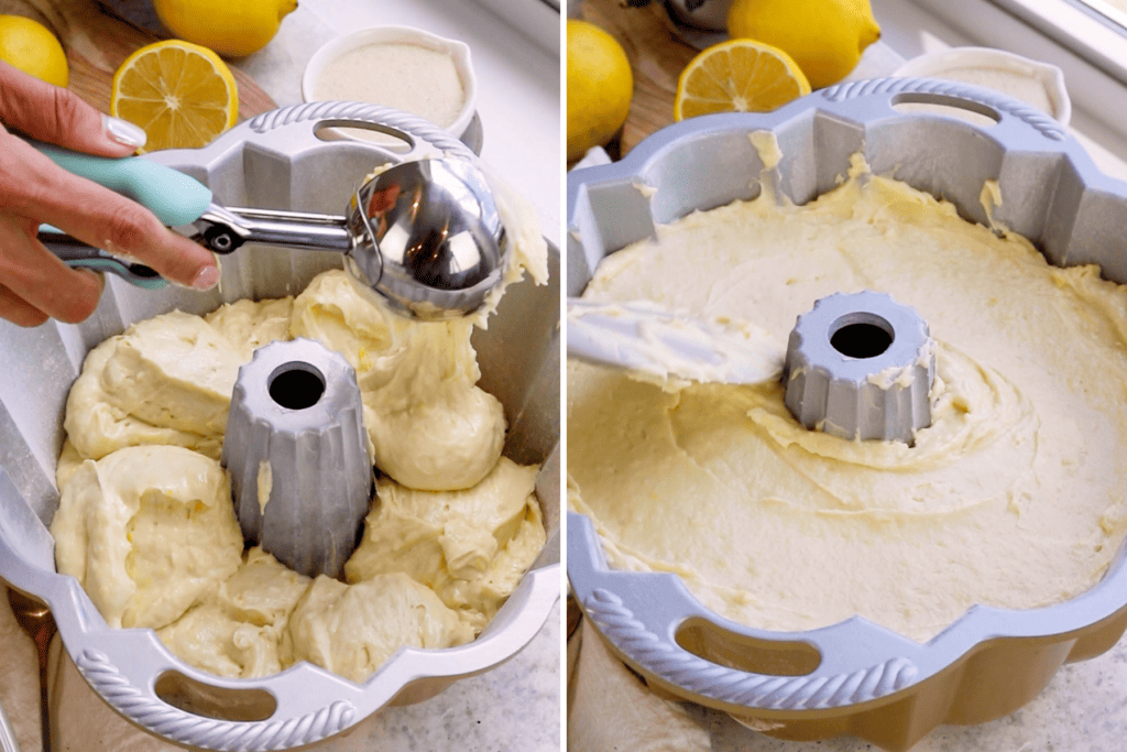 spooning batter inside of a bundt pan, then smoothing out the batter with a spatula.